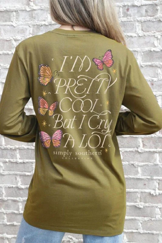 Simply Southern Long Sleeve I’m Pretty Cool But I cry A Lot T-Shirt for Women in Tulepo Gold | LS-CRY-TULEPO Boxy Fit Fitted Loose