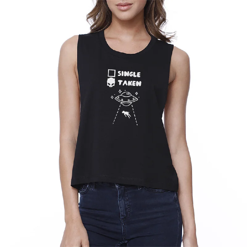 Single Taken Alien Womens Sleeveless Crop Top Funny Graphic Tee Denim Fabric Leather Fabric Suede Fabric
