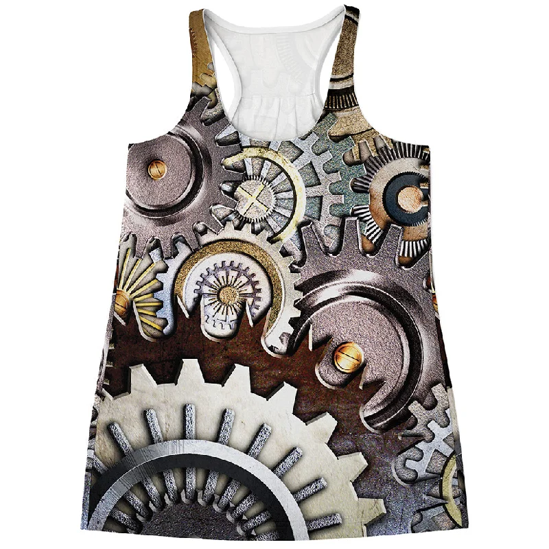 Steampunk Gears And Cogs Print Women's Racerback Tank Top grey tank top