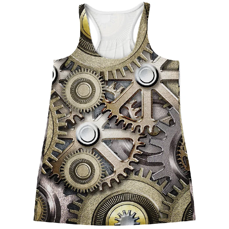 Steampunk Metallic Gears Print Women's Racerback Tank Top athletic tank top