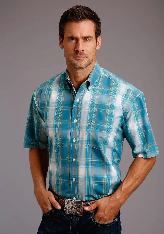 Stetson Mens Blue 100% Cotton Teal Plaid BD S/S Btn Shirt Beaded Sequined Faux Fur
