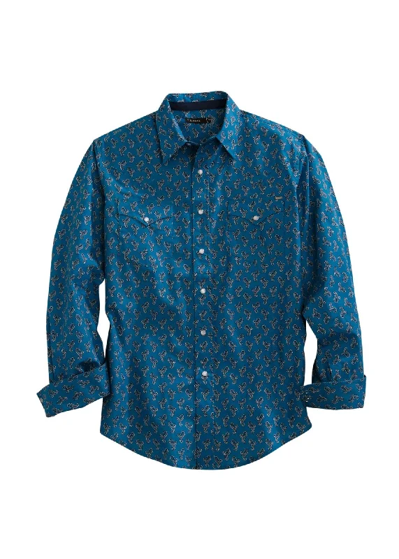 Tin Haul Mens Blue 100% Cotton Grid Paisley L/S Shirt Chenille Brocade Lace