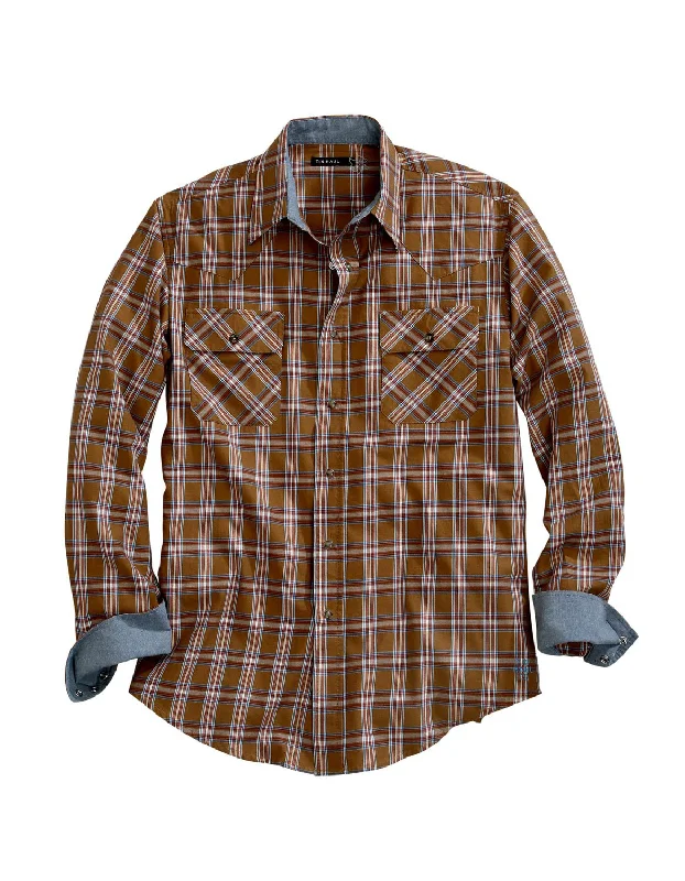 Tin Haul Mens Golden Brown 100% Cotton Plaid L/S Western Shirt Mesh Canvas Denim