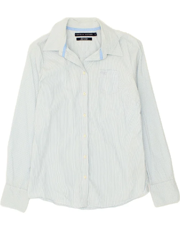 TOMMY HILFIGER Womens Shirt UK 14 Medium Blue Pinstripe Cotton Seamless Knitted Crochet