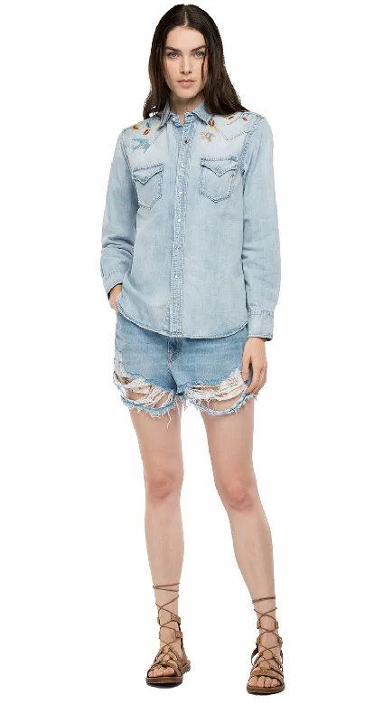 Replay Women's Deep Blue Denim Shirt Print Jacquard Patchwork