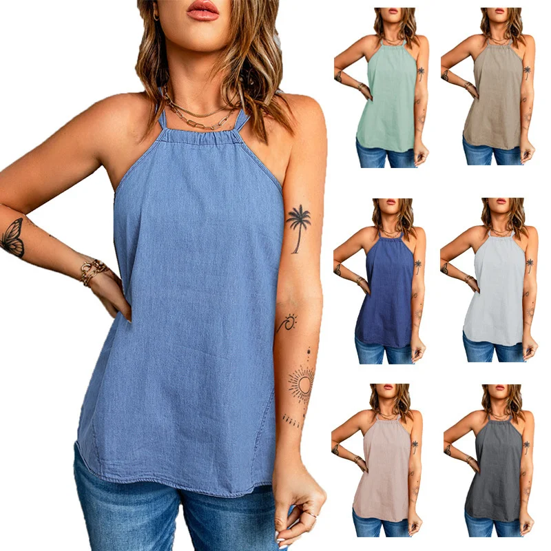 Women'S Fashion Solid Color Halter Neck Loose Tank Top boho tank top