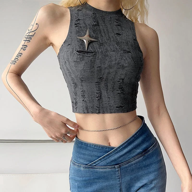 Women's Grunge Star Ripped Tank Top adorable tank top