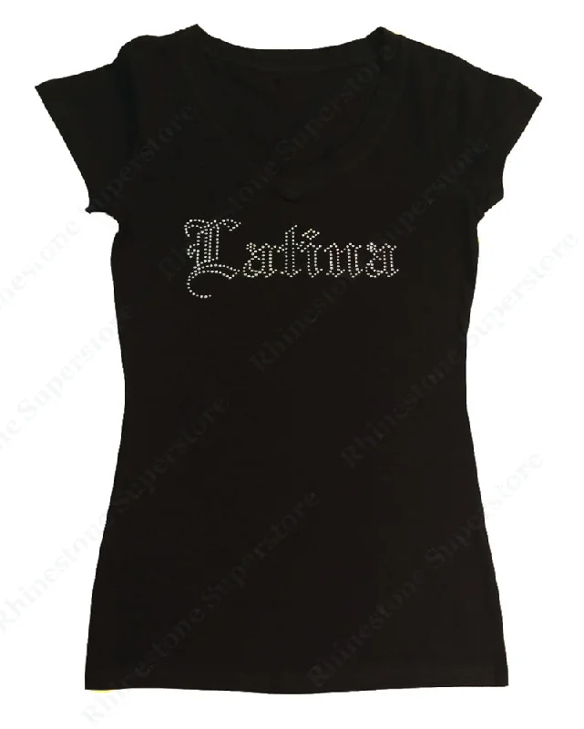 Womens T-shirt with Crystal Latina in Old English in Rhinestones Ribbed T-Shirt High Neck Heavyweight Womens T-shirt with Crystal Latina in Old English in Rhinestones Ribbed T-Shirt High Neck Heavyweight