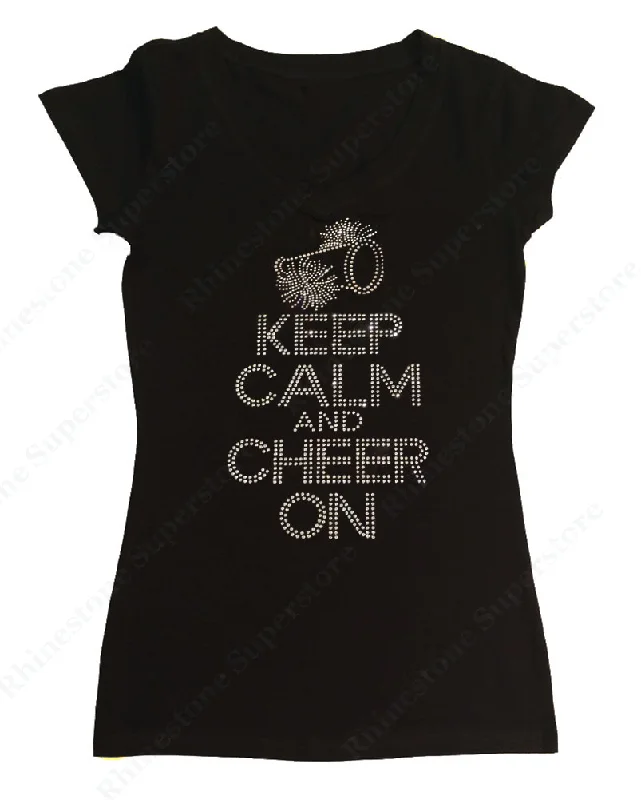 Womens T-shirt with Keep Calm and Cheer On in Rhinestones Real Fur Shearling Chenille