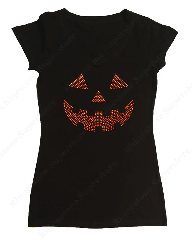 Womens T-shirt with Orange Jack O' Lantern in Rhinestones Anti-Shrink Durable Soft