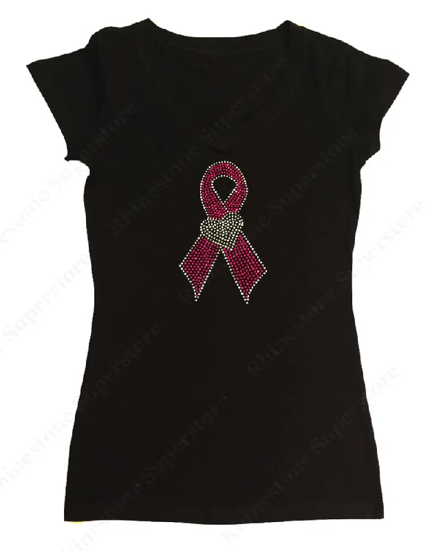 Womens T-shirt with Pink Cancer Ribbon with Crystal Heart in Rhinestones Print Jacquard Patchwork Womens T-shirt with Pink Cancer Ribbon with Crystal Heart in Rhinestones Print Jacquard Patchwork