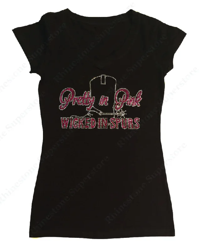 Womens T-shirt with Pretty in Pink Wicked in Spurs in Rhinestones Rayon Velvet Corduroy