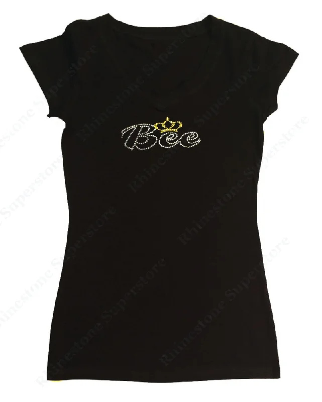 Womens T-shirt with Queen Bee in Rhinestones Iron Safe Non-Iron Wrinkle Free