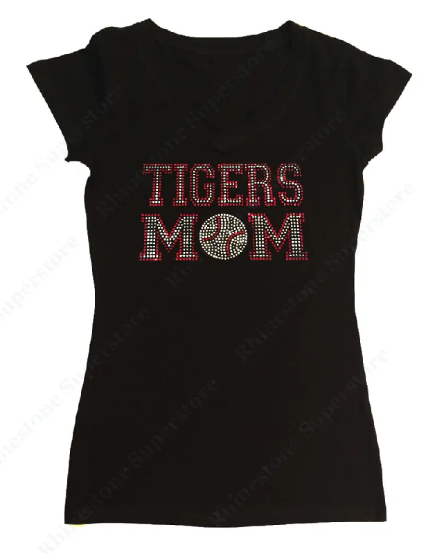Womens T-shirt with Red Tigers Mom in Rhinestones Elasticated Padded Insulated