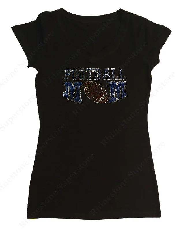 Womens T-shirt with Saphirre Football Mom in Rhinestones Mesh Blend Leather Blend Suede Blend Womens T-shirt with Saphirre Football Mom in Rhinestones Mesh Blend Leather Blend Suede Blend