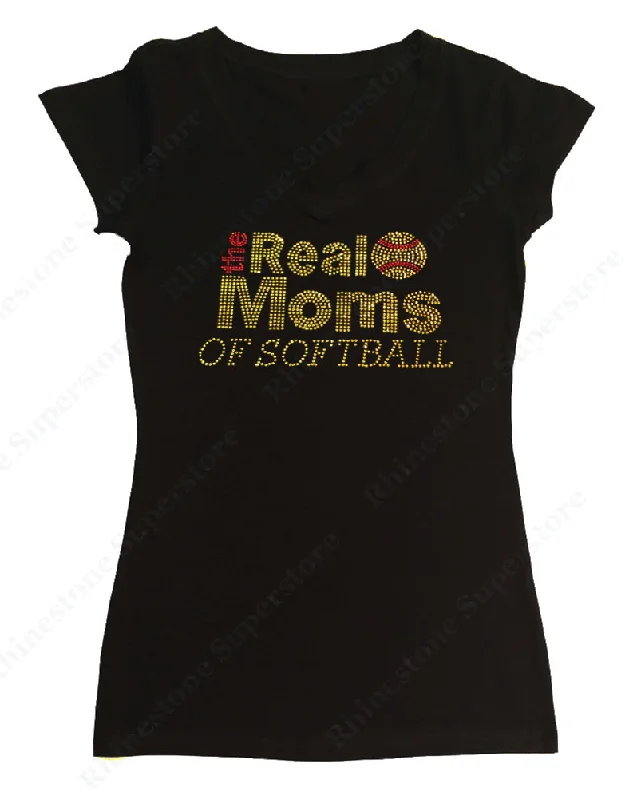 Womens T-shirt with the Real Moms of Softball in All Gold Rhinestones Cotton Fabric Linen Fabric Terry Fabric