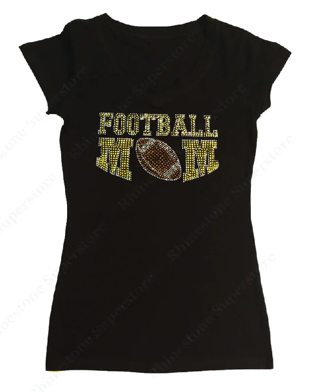 Womens T-shirt with Yellow Football Mom in Rhinestones Hooded Caped Shawl Collar