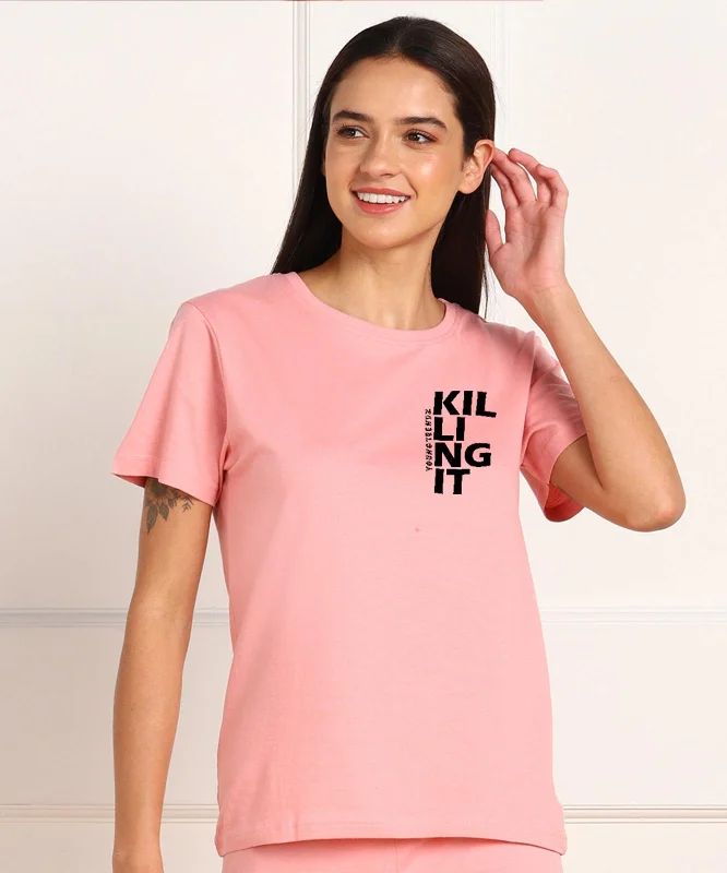 Womens  Regular Fit Printed Tshirt Front Pockets Side Pockets Patch Pockets