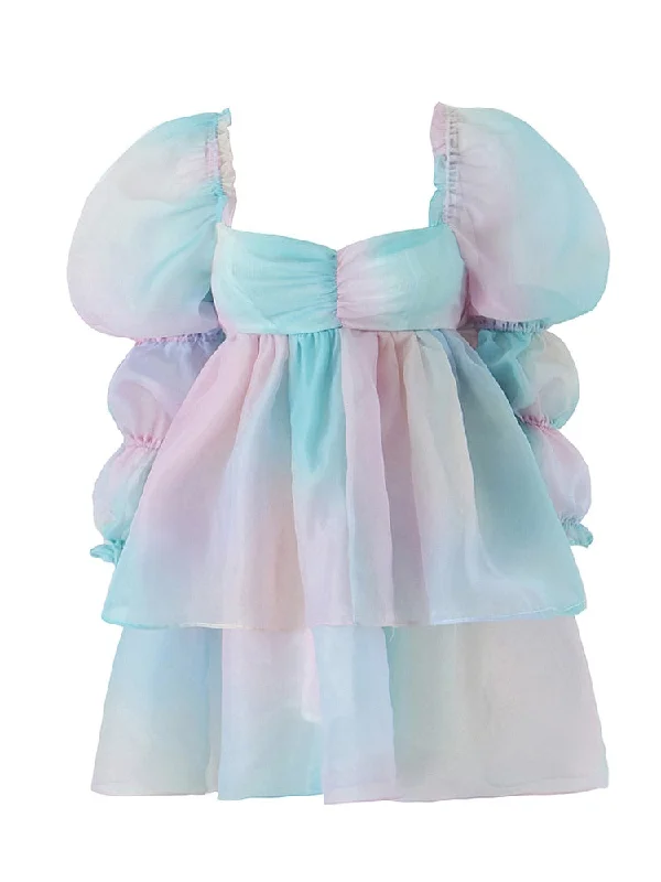 Zjkrl - 2023 Women Gradient Rainbow Print Organza Dress Vintage Puff Sleeve Sexy Backless Ladies Party Mini Robe Fairy Cake Dress Tunics Handmade artisanal Zjkrl - 2023 Women Gradient Rainbow Print Organza Dress Vintage Puff Sleeve Sexy Backless Ladies Party Mini Robe Fairy Cake Dress Tunics Handmade artisanal
