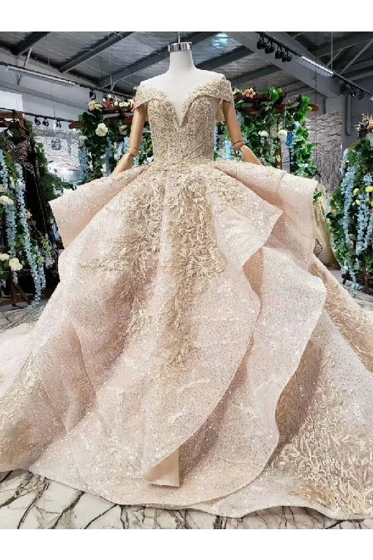 Ball Gown Wedding Dresses V Neck Cap Sleeves Top Quality Appliques Tulle Beading Tunics Velvet soft Ball Gown Wedding Dresses V Neck Cap Sleeves Top Quality Appliques Tulle Beading Tunics Velvet soft