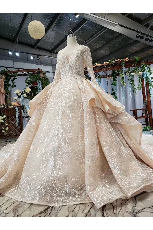 Ball Gown Wedding Dresses V Neck Long Sleeves Top Quality Appliques Tulle Beading Tunics Distressed trendy Ball Gown Wedding Dresses V Neck Long Sleeves Top Quality Appliques Tulle Beading Tunics Distressed trendy
