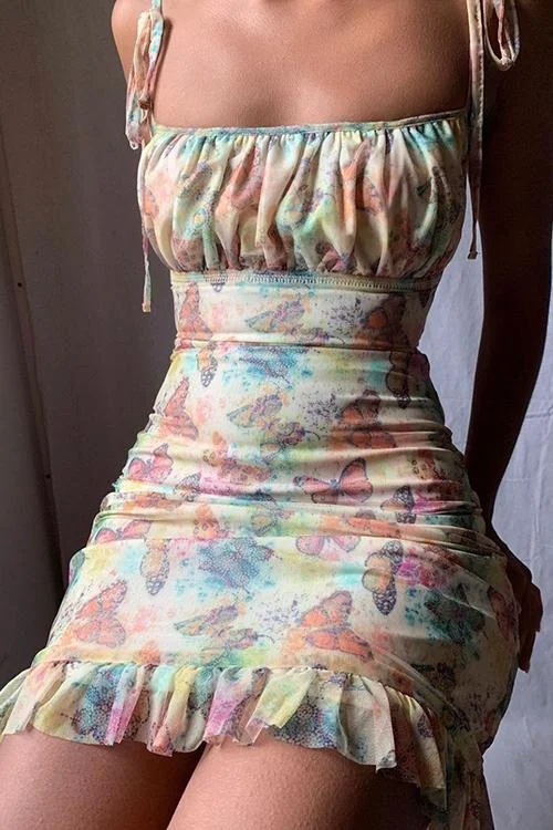 Zjkrl Butterfly Print Slip Mini Dress Tunics Yoga stretchy
