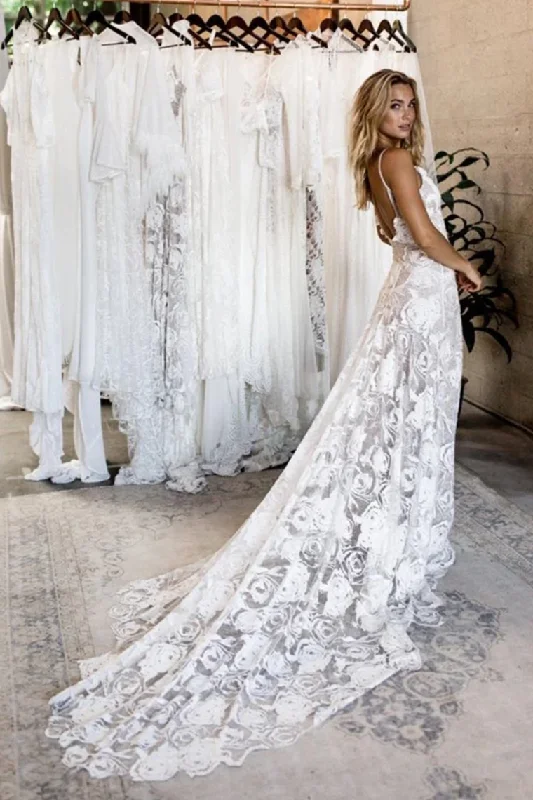 Charming Spaghetti Strap V-Neck Long Lace Beach Wedding Dresses Tunics Handmade artisanal Charming Spaghetti Strap V-Neck Long Lace Beach Wedding Dresses Tunics Handmade artisanal