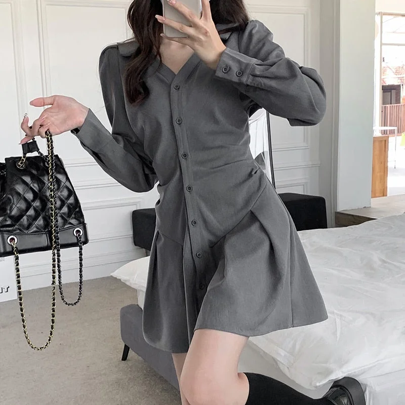 Zjkrl - Chic Long Sleeve Single-breasted Women Shirt Dress 2023 Autumn V Neck Pleated Mini Dresses Korean Gray Slim High Waist Vestidos Tunics Prom sequined Zjkrl - Chic Long Sleeve Single-breasted Women Shirt Dress 2023 Autumn V Neck Pleated Mini Dresses Korean Gray Slim High Waist Vestidos Tunics Prom sequined