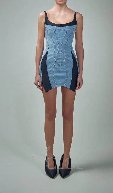 DENIM JERSEY BODYCON MINI DRESS IN BLUE Tunics Bridal satin