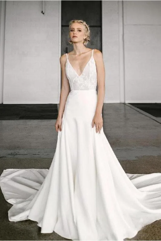 Elegant A-Line V Neck Spaghetti Straps Wedding Dresses With Lace Bodice Tunics Fashionable trendy Elegant A-Line V Neck Spaghetti Straps Wedding Dresses With Lace Bodice Tunics Fashionable trendy