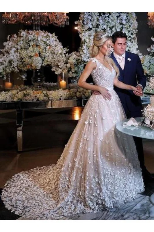 Elegant A-Line V-Neck Sweep Train Ivory Wedding Dress With Appliques Tunics Chic elegant Elegant A-Line V-Neck Sweep Train Ivory Wedding Dress With Appliques Tunics Chic elegant
