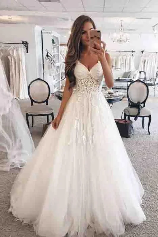 Elegant Floor Length Ivory Tulle Wedding Dresses Long Bridal Dresses Tunics Fashionable chic Elegant Floor Length Ivory Tulle Wedding Dresses Long Bridal Dresses Tunics Fashionable chic