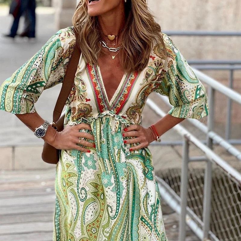 Zjkrl - Elegant Floral Print Holiday Boho Long Dress 2023 New Spring Casual Beach Dress Feminine V-Neck Half-Sleeve Ruffled Waist Dress Tunics Satin smooth Zjkrl - Elegant Floral Print Holiday Boho Long Dress 2023 New Spring Casual Beach Dress Feminine V-Neck Half-Sleeve Ruffled Waist Dress Tunics Satin smooth