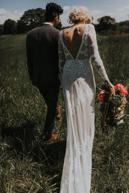 Elegant Long Sleeve Ivory Sheath Wedding Dresses Backless Lace Applique Country Wedding Dress Maxi Flowy Bohemian Elegant Long Sleeve Ivory Sheath Wedding Dresses Backless Lace Applique Country Wedding Dress Maxi Flowy Bohemian