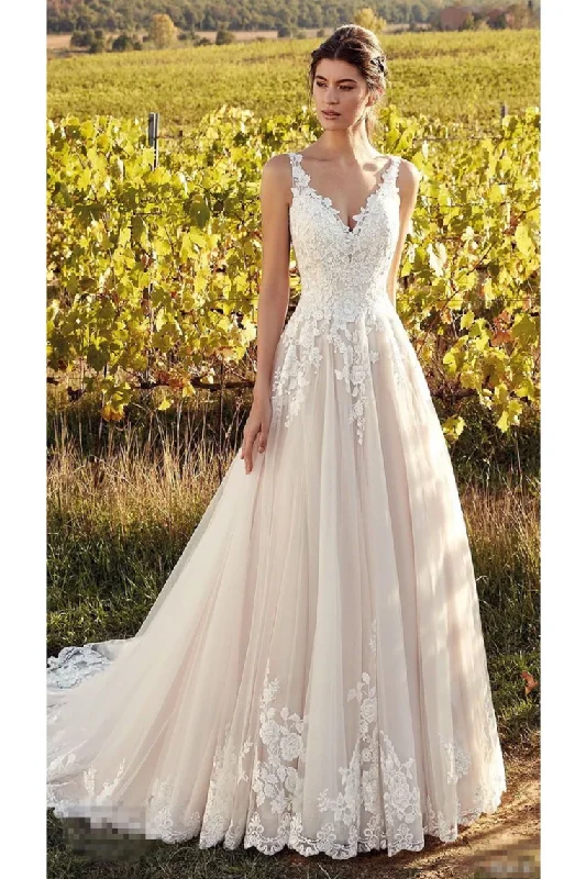 Elegant Sleeveless V Neck Tulle Wedding Dresses With Lace Appliques, A Line Bridal Dress Boatneck Modish Everyday Elegant Sleeveless V Neck Tulle Wedding Dresses With Lace Appliques, A Line Bridal Dress Boatneck Modish Everyday