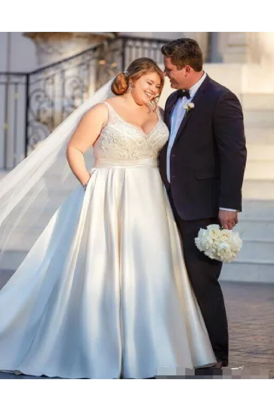 Embroidery Beadings Deep V Neck Plus Size Wedding Dresses Ivory Satin Oversize Wedding Gowns Boat Neckline Classic Embroidery Beadings Deep V Neck Plus Size Wedding Dresses Ivory Satin Oversize Wedding Gowns Boat Neckline Classic