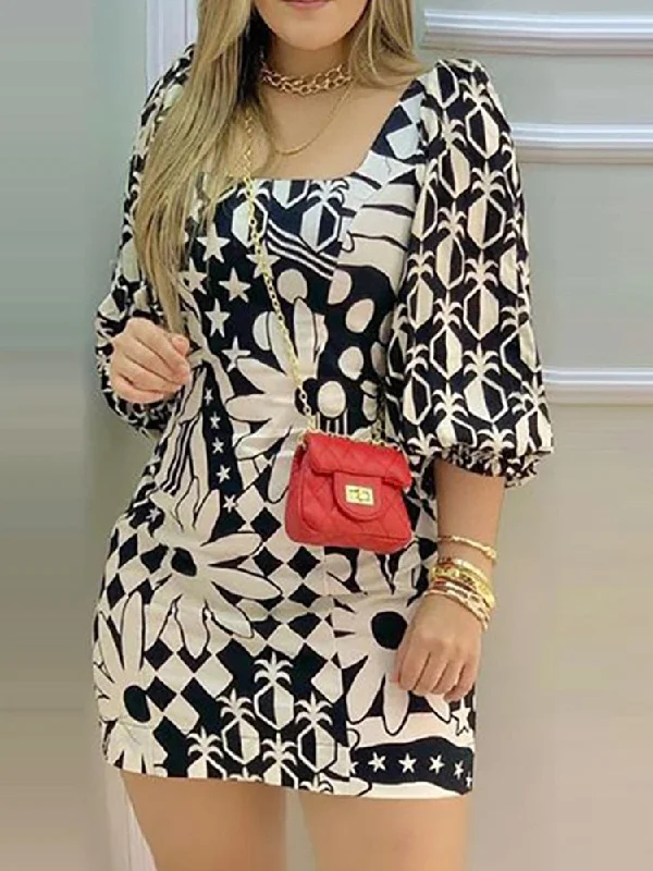 Zjkrl - Floral Print Lantern Sleeve Casual Dress Women Square Neck Mini Dress Tunics Brand named Zjkrl - Floral Print Lantern Sleeve Casual Dress Women Square Neck Mini Dress Tunics Brand named