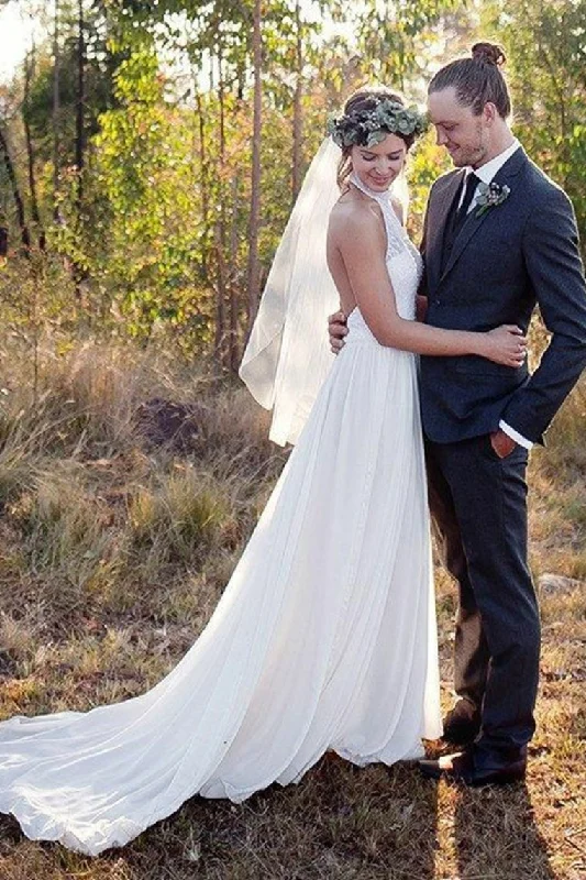 Flowy Halter Open Back Ivory Lace Chiffon Long Simple Beach Wedding Dresses Turtleneck Warm Winter Flowy Halter Open Back Ivory Lace Chiffon Long Simple Beach Wedding Dresses Turtleneck Warm Winter