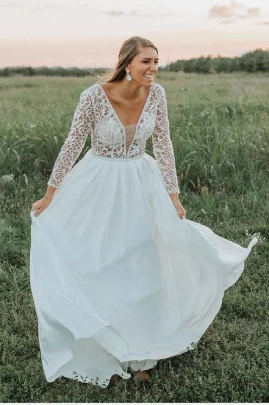 Flowy Long V-Neck Lace V-Neck Simple Wedding Dresses Beach Wedding Dresses Turtleneck Neckline Stylish Flowy Long V-Neck Lace V-Neck Simple Wedding Dresses Beach Wedding Dresses Turtleneck Neckline Stylish