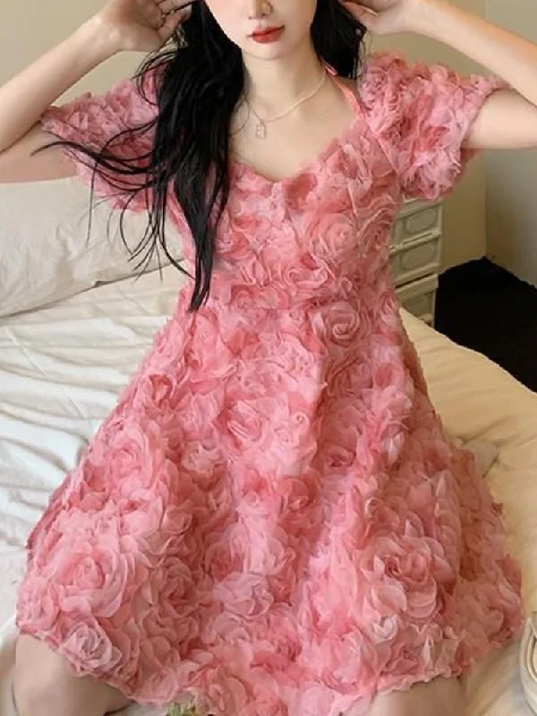 Zjkrl - France Pink Sweet Dress Women Summer Elegant Sexy Party Mini Dresses Female Designer Chic Short Sleeve Fashion Retro Dress Floral Print girly