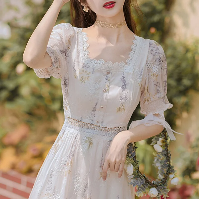 French Sweet Summer Women's Dress 2022 Casual Chiffon Midi Vintage Floral Dresses Females Design Short Sleeve Korean Style chic empire Waist empire French Sweet Summer Women's Dress 2022 Casual Chiffon Midi Vintage Floral Dresses Females Design Short Sleeve Korean Style chic empire Waist empire