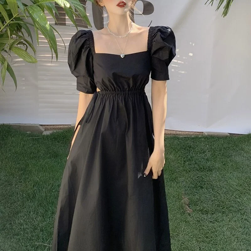 French Vintage Dress Women Casual Puff Sleeve One Piece Dress Korean Gothic Bandage Midi Black Dress Female Evening Party Chic Tunics Fashionable chic French Vintage Dress Women Casual Puff Sleeve One Piece Dress Korean Gothic Bandage Midi Black Dress Female Evening Party Chic Tunics Fashionable chic