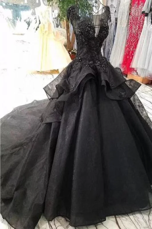 Gorgeous Black Ball Gown Wedding Dress With Cap Sleeves, Long Bridal Dress With Beads Tunics Mesh breathable Gorgeous Black Ball Gown Wedding Dress With Cap Sleeves, Long Bridal Dress With Beads Tunics Mesh breathable