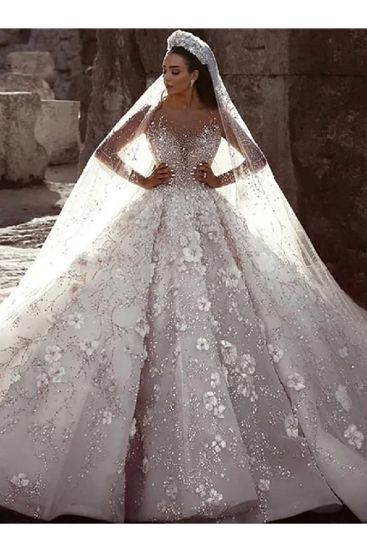 Gorgeous Long Sleeves Flowers Ball Gown Wedding Dress With Sequin Beaded Tunics Velvet soft Gorgeous Long Sleeves Flowers Ball Gown Wedding Dress With Sequin Beaded Tunics Velvet soft