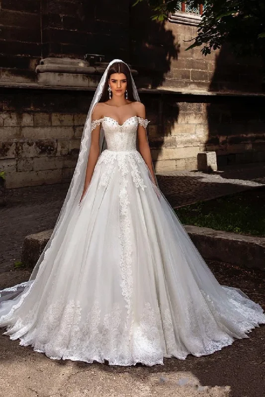 Gorgeous Off Shoulder Sweep Train Lace Up Back Tulle Wedding Dress With Appliques Tunics Chinos classic Gorgeous Off Shoulder Sweep Train Lace Up Back Tulle Wedding Dress With Appliques Tunics Chinos classic