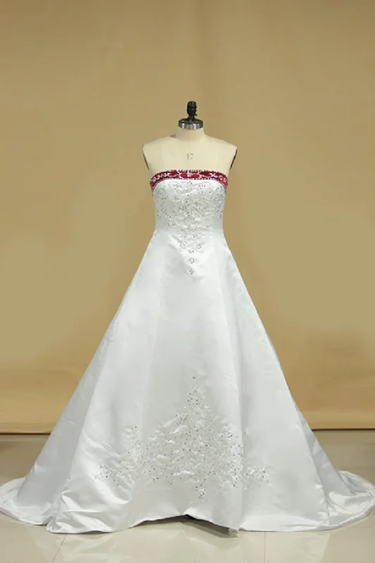 Hot Selling Wedding Dresses A Line Strapless Sweep/Brush Train Satin Tunics Office stylish Hot Selling Wedding Dresses A Line Strapless Sweep/Brush Train Satin Tunics Office stylish