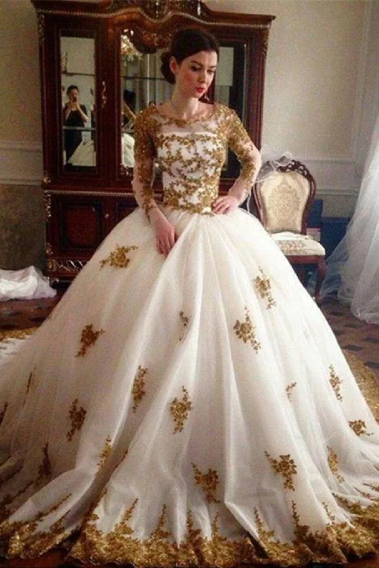 Ivory And Gold Lace Beading Tulle Long Sleeves Ball Gowns Wedding Dresses Tunics Ceremony elegant Ivory And Gold Lace Beading Tulle Long Sleeves Ball Gowns Wedding Dresses Tunics Ceremony elegant