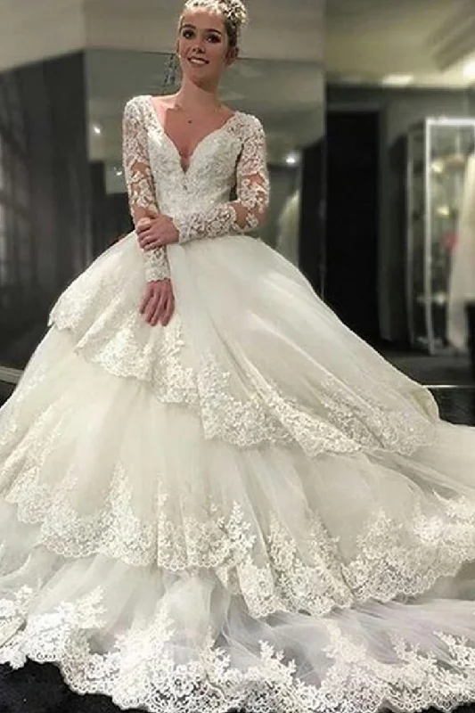 Ivory Deep V-Neck Long Sleeves Appliques Chapel Train Tiered Wedding Dress Tunics Occasion special Ivory Deep V-Neck Long Sleeves Appliques Chapel Train Tiered Wedding Dress Tunics Occasion special