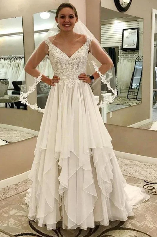 Ivory Lace Chiffon Long V-Neck Elegant Wedding Dresses Modest Wedding Gowns Tunics Winter warm Ivory Lace Chiffon Long V-Neck Elegant Wedding Dresses Modest Wedding Gowns Tunics Winter warm