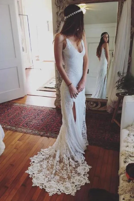 Ivory Lace Spaghetti Straps Sheath Long Front Split Beach Wedding Dresses Tunics Summer linen Ivory Lace Spaghetti Straps Sheath Long Front Split Beach Wedding Dresses Tunics Summer linen